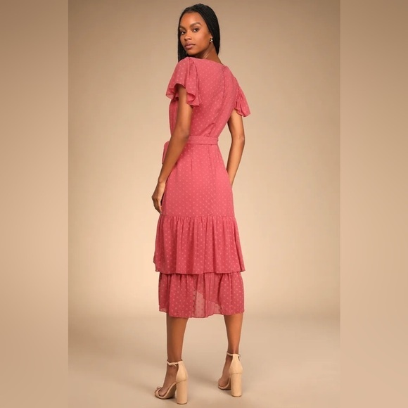 Lulus Have Harmony Swiss Dot Ruffled Faux Wrap Midi Dress in Mauve Size Medium - Picture 3 of 12